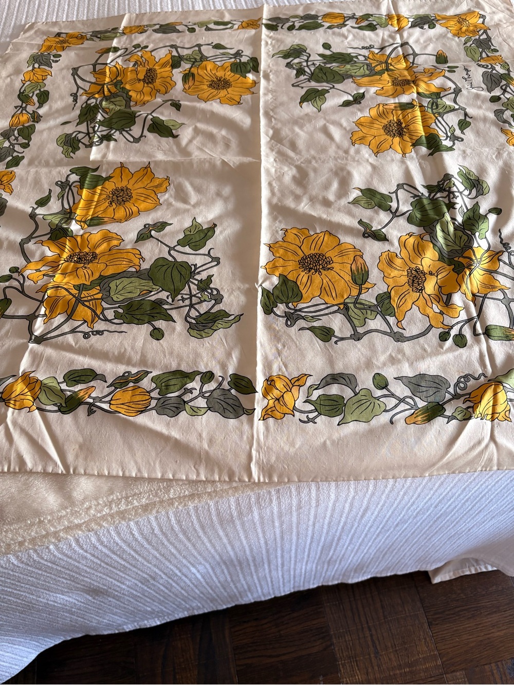 Yellow Floral Silk Scarf with Green Leaf Accents